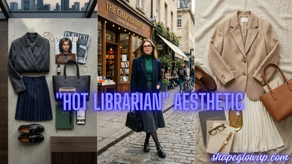 A three-panel collage showcasing outfits and flat lays inspired by The 7 Literary Chic ("Hot Librarian" Aesthetic) Style Guide.