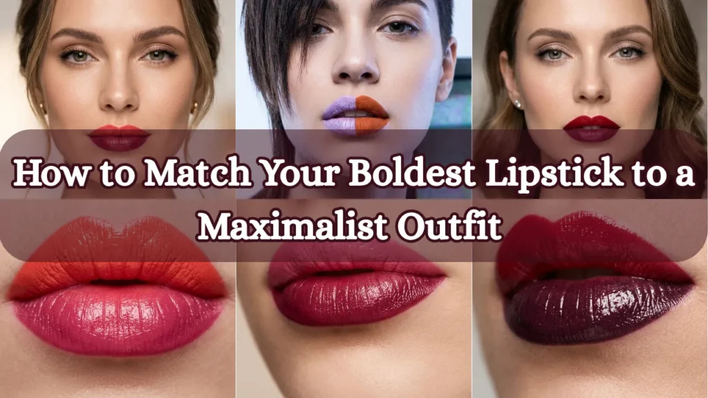 A grid of six images showcasing bold lipstick trends. The top row features three women wearing dramatic lip colors, including a unique split-color look with lavender on one half and orange on the other. The bottom row shows close-ups of two-toned lip combinations, featuring vibrant shades of red, pink, and deep berry. Large overlay text reads: "How to Match Your Boldest Lipstick to a Maximalist Outfit".