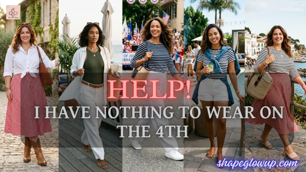 A collage of festive summer outfits overlayed with the text 'I Have Nothing to Wear on the 4th', highlighting White & Effortless: 5 Key Pieces, 10 Fabulous 4th of July Looks.