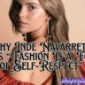Close-up portrait of actress Inde Navarrette looking over her shoulder against a warm, gradient beige background. She wears long, geometric drop earrings and a textured, pleated rust-red fabric draped over her arm. Overlaid stylized text reads: "Why Inde Navarrette Says 'Fashion Is a Form of Self-Respect'" with the website URL "shapeglowup.com" in the bottom right corner.