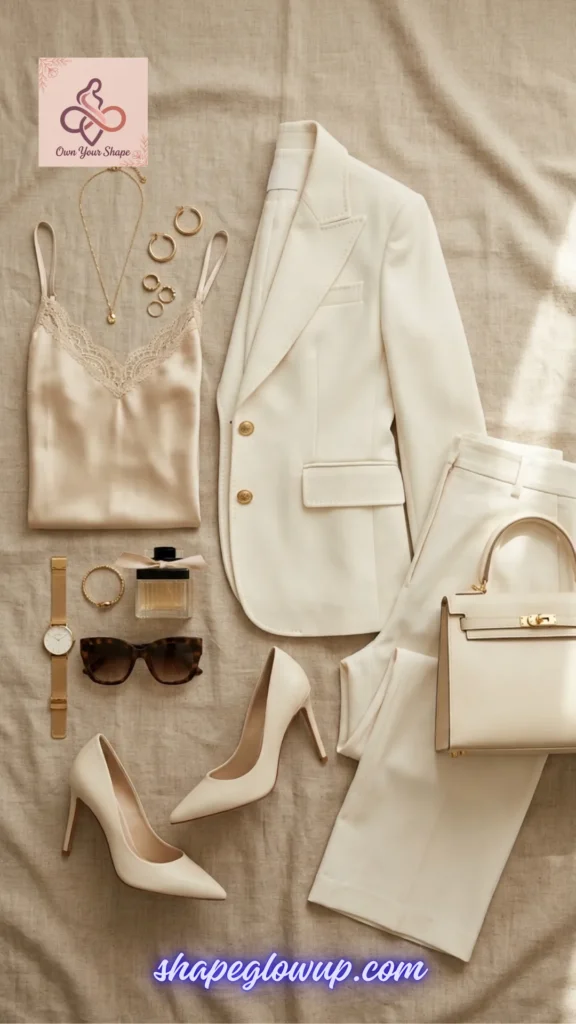 A stunning all-ivory power suit flat lay aesthetic displaying 7 Trending Expensive Outfit USA 2026 Looks (That Actually Look High-End!).