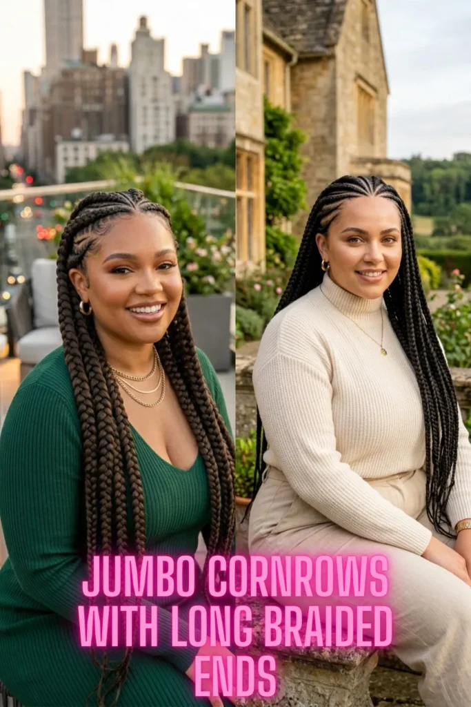 Thick and bold jumbo cornrows cascading into long braids, highlighting 5 Braided Cornrow Hairstyles That Are Pure Hair Goals.
