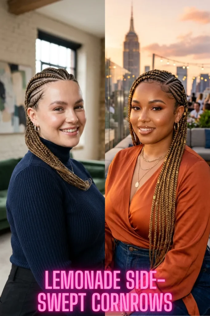 Honey-blonde side-swept lemonade braids, a gorgeous look from the 5 Braided Cornrow Hairstyles That Are Pure Hair Goals collection.