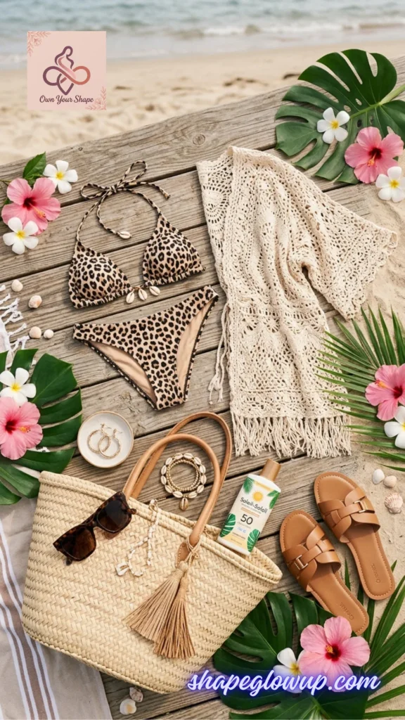 A flat lay display of a Leopard Print Bikini - flat lay and a crochet cardigan for Viral Beach Looks ☀️ 7 Trending Beach Outfits 2026 You Need to Buy.