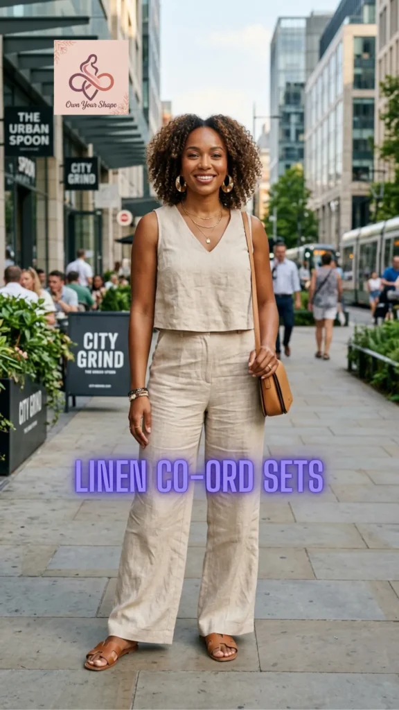 A smiling woman posing on a city sidewalk in a beige matching set, featured in 5 Gorgeous Linen Outfits That Make You Glow in 2026.