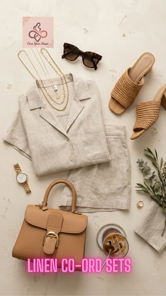 Flat lay arrangement of a beige short-sleeved matching set from 5 Gorgeous Linen Outfits That Make You Glow in 2026.