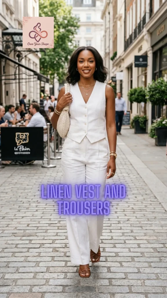 A woman walking through an outdoor shopping street wearing a white vest and pants from 5 Gorgeous Linen Outfits That Make You Glow in 2026.