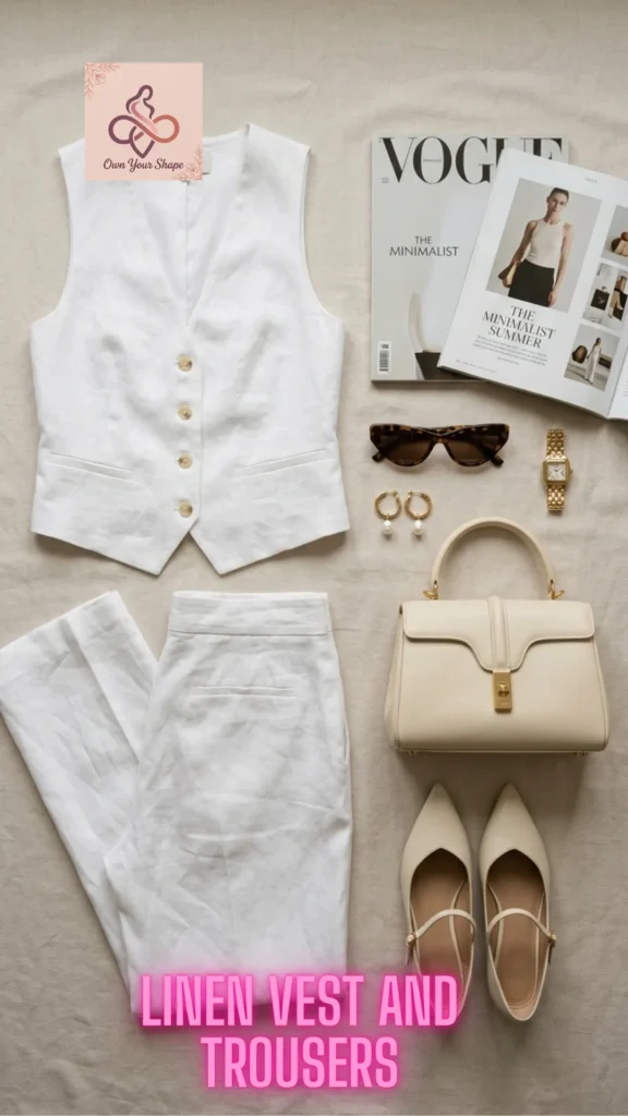 Flat lay of a tailored white vest and trousers combination for 5 Gorgeous Linen Outfits That Make You Glow in 2026.