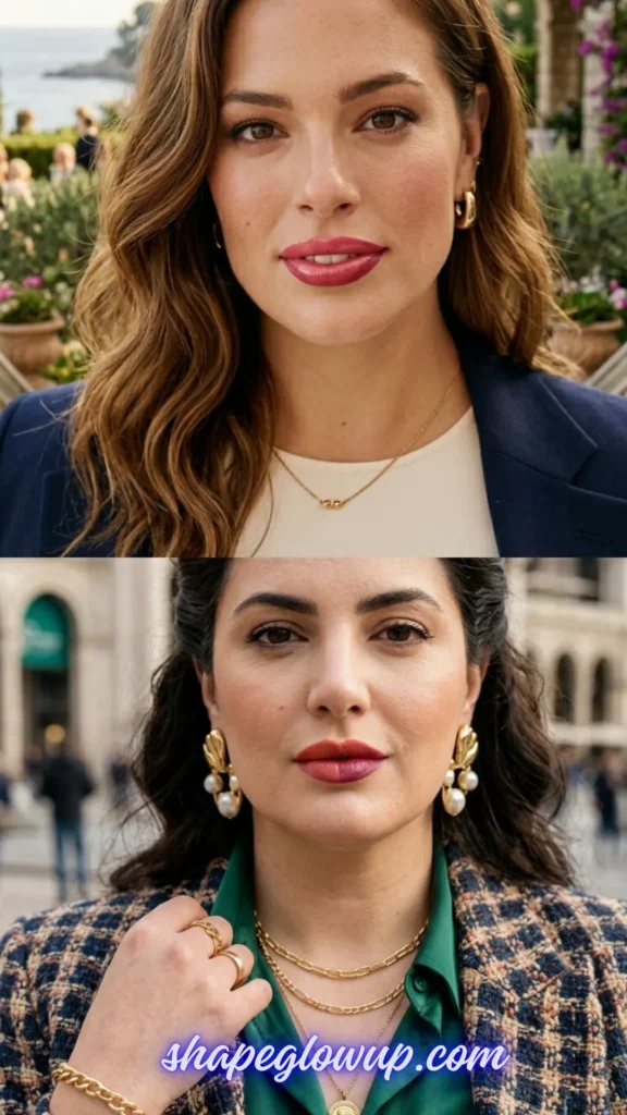 A vertical split image showing two different women showcasing makeup looks. The top photo features a woman with wavy brown hair wearing a classic pinkish-red lipstick and a navy blazer. The bottom photo features a woman with dark hair wearing a distinct two-toned lipstick trend—with a bright red shade on one half and a deep berry shade on the other—complemented by a green shirt, a plaid jacket, and ornate gold and pearl earrings. A text watermark at the bottom reads "shapeglowup.com".