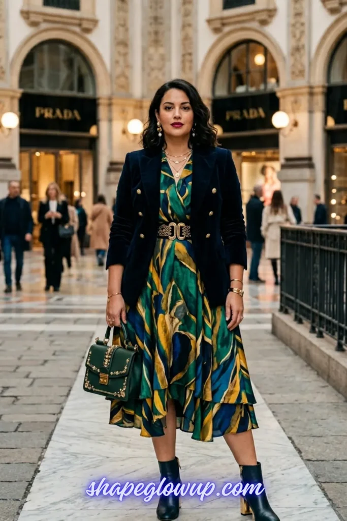 A woman with dark hair posing outdoors in a stylish street fashion look. She wears a navy blue velvet blazer with gold buttons over a flowing green, yellow, and blue patterned maxi dress. Her look is styled with a statement belt, a green leather handbag with gold studs, and dark plum lipstick. A text watermark at the bottom reads "shapeglowup.com".