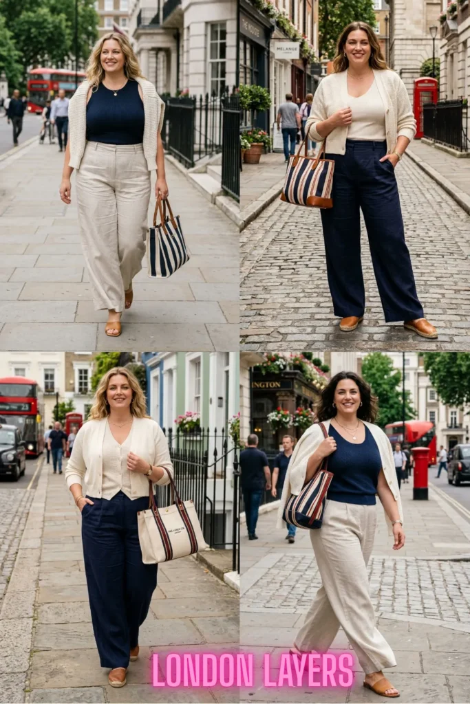 A four-photo collage of a woman wearing London summer fashion, featuring high-waisted wide-leg trousers, sleeveless knit tops, and cream cardigans while walking along classic London city streets.