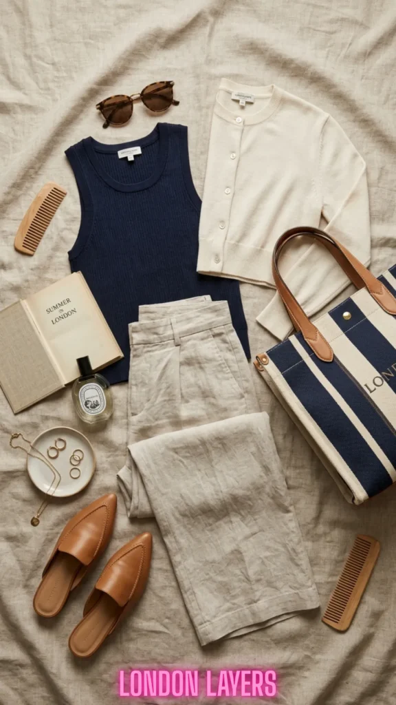 Flat lay of a London summer outfit featuring a navy knit vest, stone-colored wide-leg linen trousers, a cream cropped button-down cardigan, brown leather mules, and a navy and cream heritage stripe canvas tote bag.