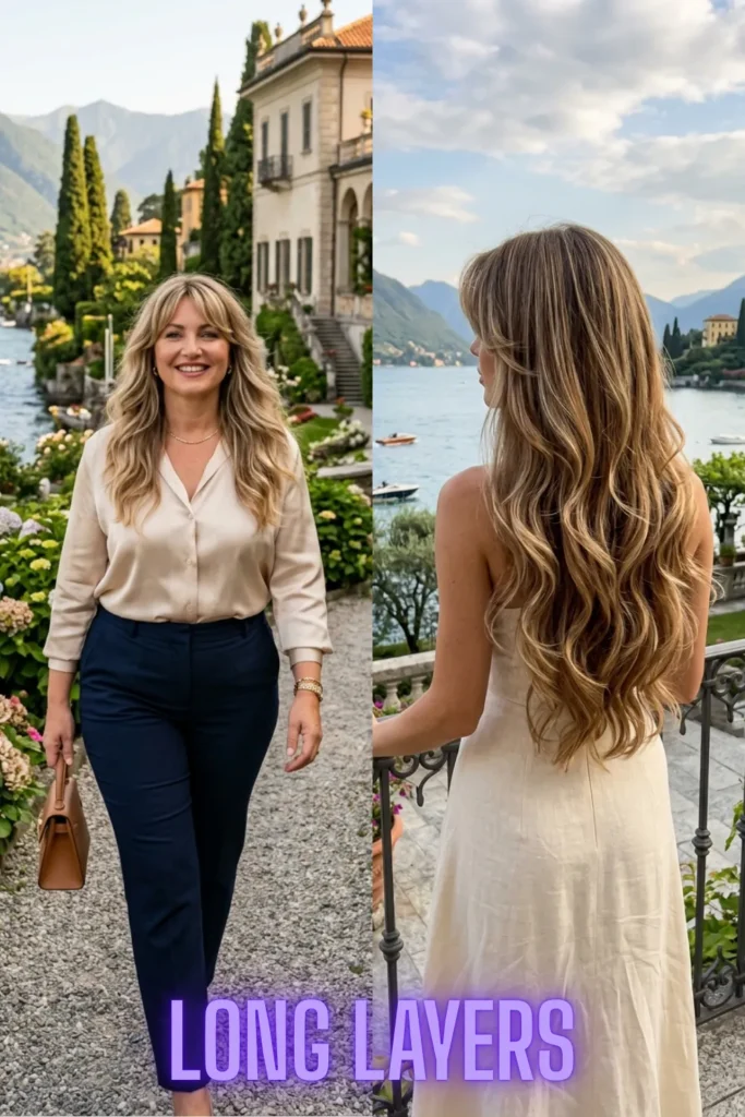 Long layers with sweeping bangs, highlighting 7 curtain bang haircuts that instantly make you look younger.