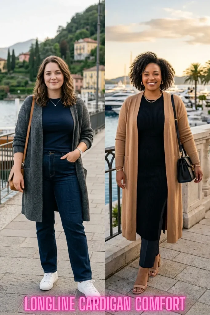 Cozier layered longline cardigans styled effortlessly on two women for You Don't Have to Hide Your Tummy: 10 Ways to Dress It Beautifully.