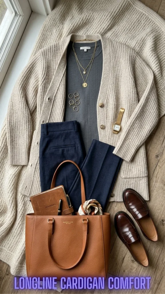 A cozy layered look with a cream longline cardigan and trousers for You Don't Have to Hide Your Tummy: 10 Ways to Dress It Beautifully.