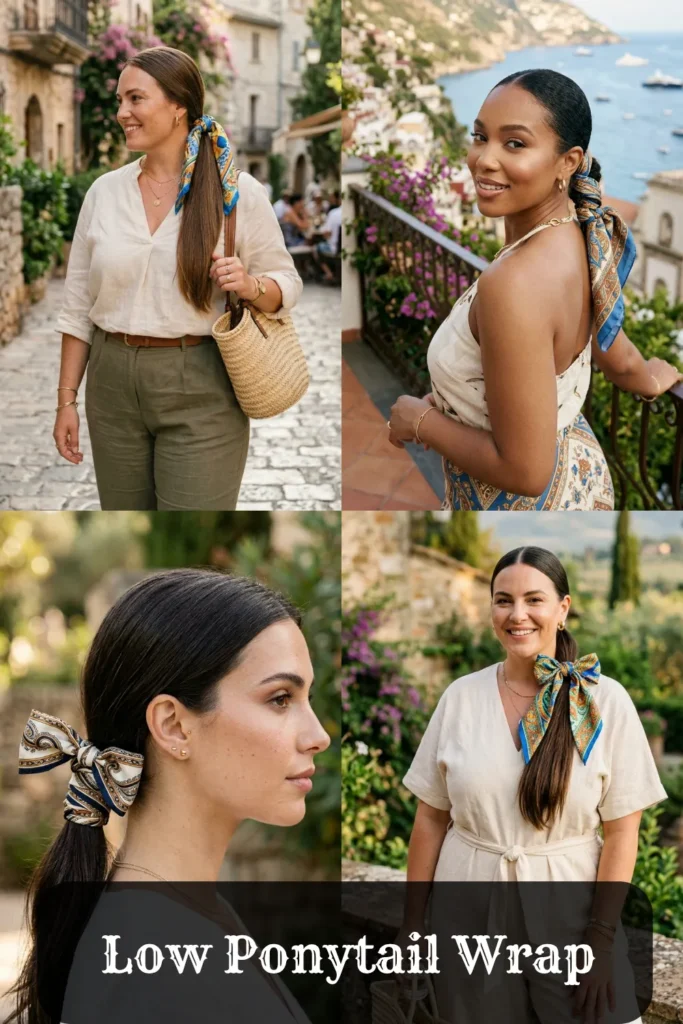 Four-panel image collage showcasing the Low Ponytail Wrap hairstyle on women with long straight hair. The styled bandanas are tied around the base of side and center low ponytails in simple knots and large bows. Text overlay at the bottom reads 'Low Ponytail Wrap'.