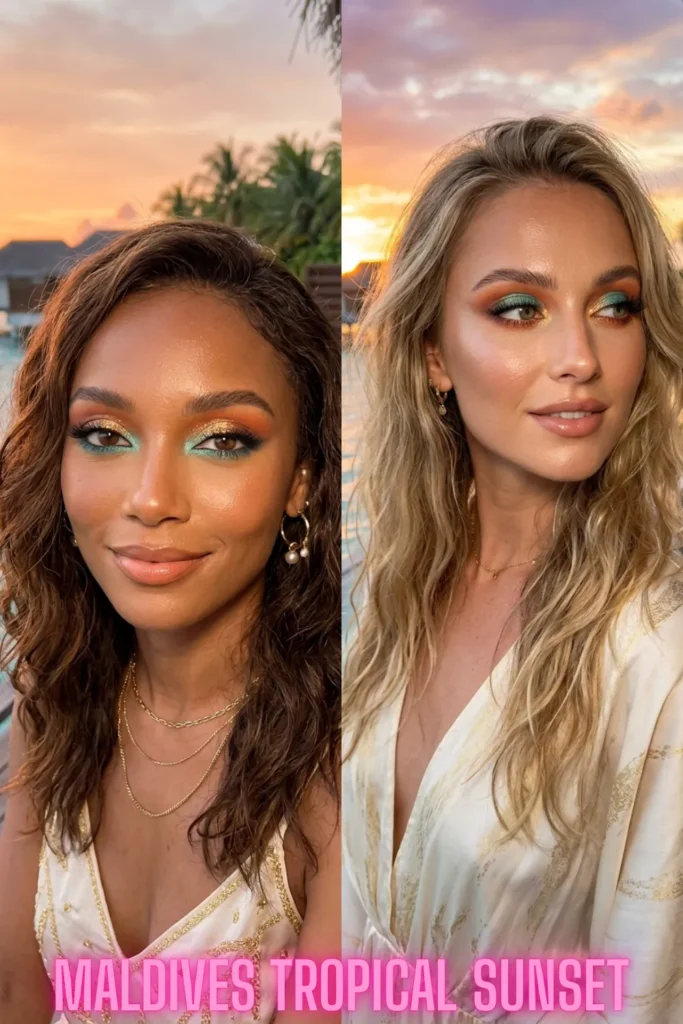 Tropical sunset eyeshadow with teal and gold hues to brighten your look with 7 colorful eye makeup ideas that pop.