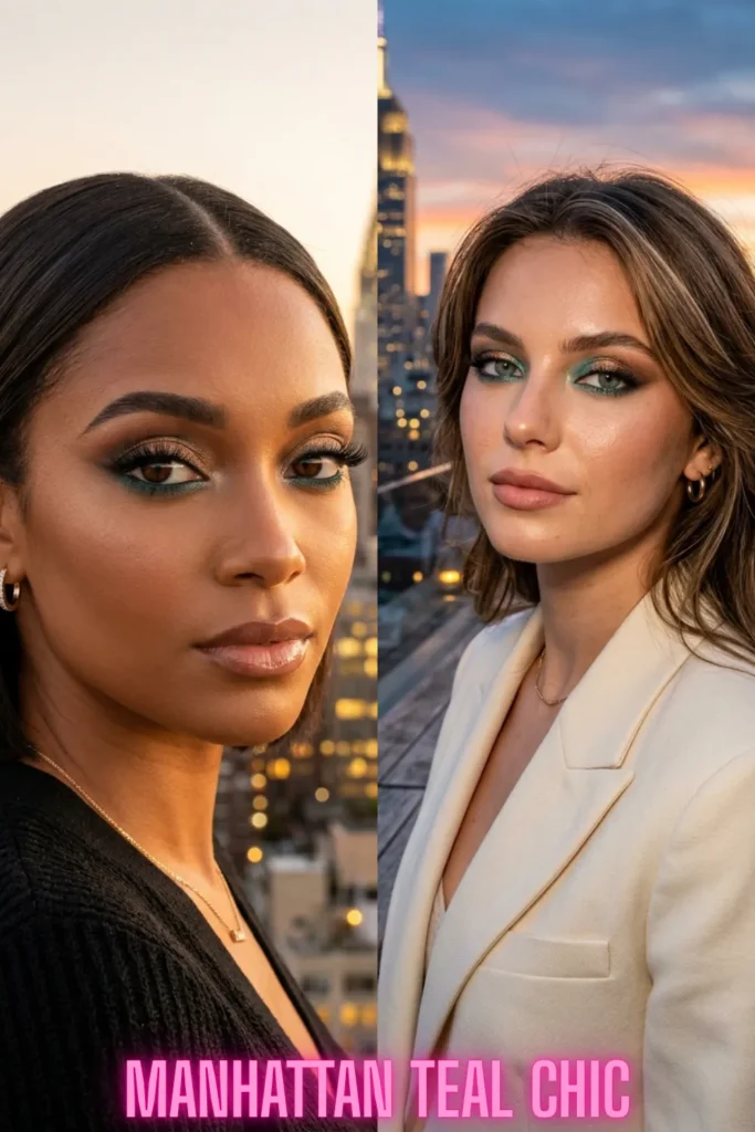 Chic teal eyeliner and eyeshadow on a city rooftop, perfect to brighten your look with 7 colorful eye makeup ideas that pop.