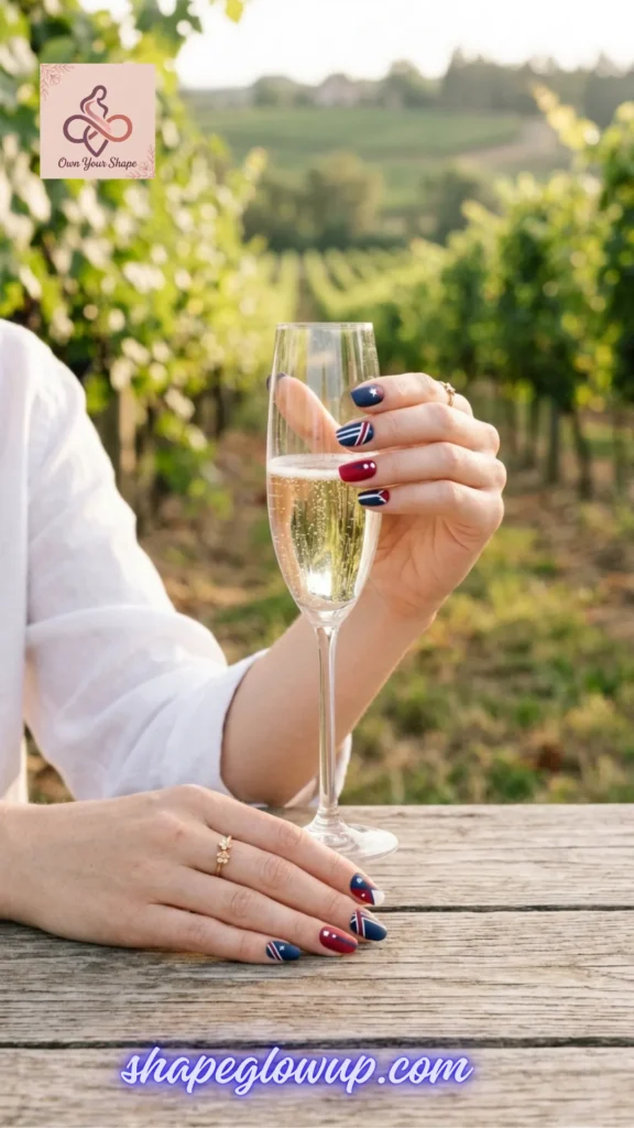 White linen shirt sleeve and hands with matte navy blue and red star nail art resting by a champagne flute, from 10 Stunning 4th of July Nail Arts to Try This Year!
