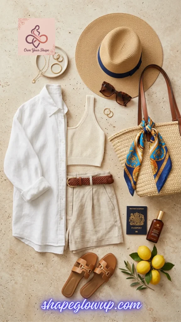 A neutral linen summer outfit flatlay from the 5 Summer Vacation Outfit Ideas That Will Break the Internet guide.