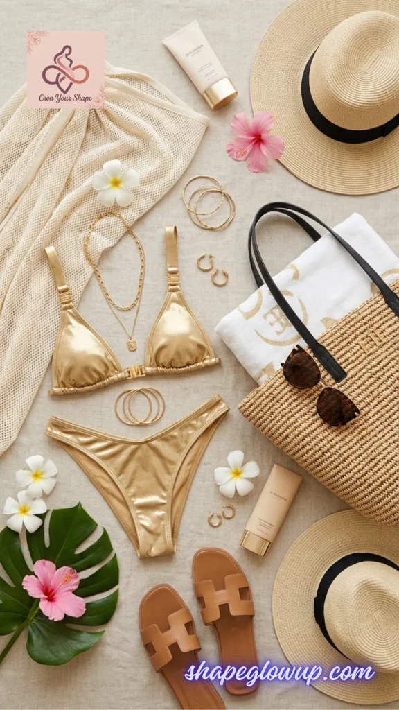 Shimmering swimwear aesthetic with the Metallic Gold Bikini - flat lay, featured in Viral Beach Looks ☀️ 7 Trending Beach Outfits 2026 You Need to Buy.