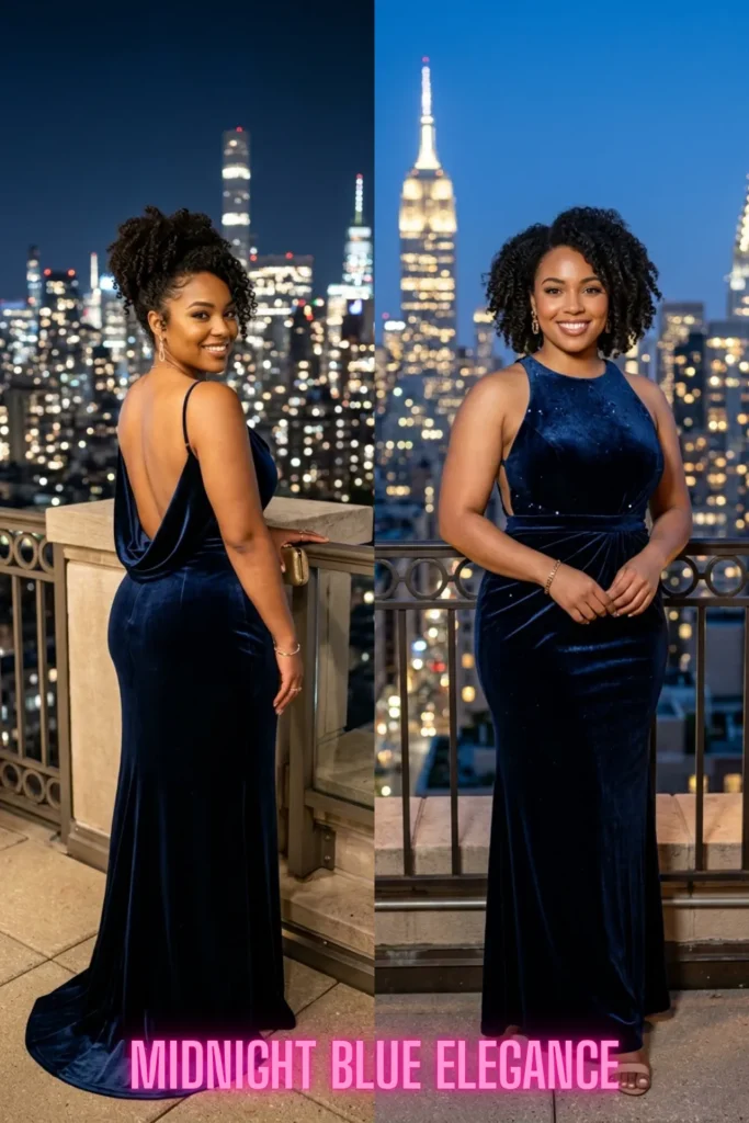 Luxurious dark navy blue velvet dresses from 10 Open-Back Dresses That Are Turning Heads in 2026: Elegant Styles You'll Want to Wear Everywhere.