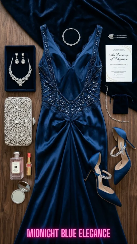 Formal dark navy velvet dress styled flat lay from 10 Open-Back Dresses That Are Turning Heads in 2026: Elegant Styles You'll Want to Wear Everywhere.