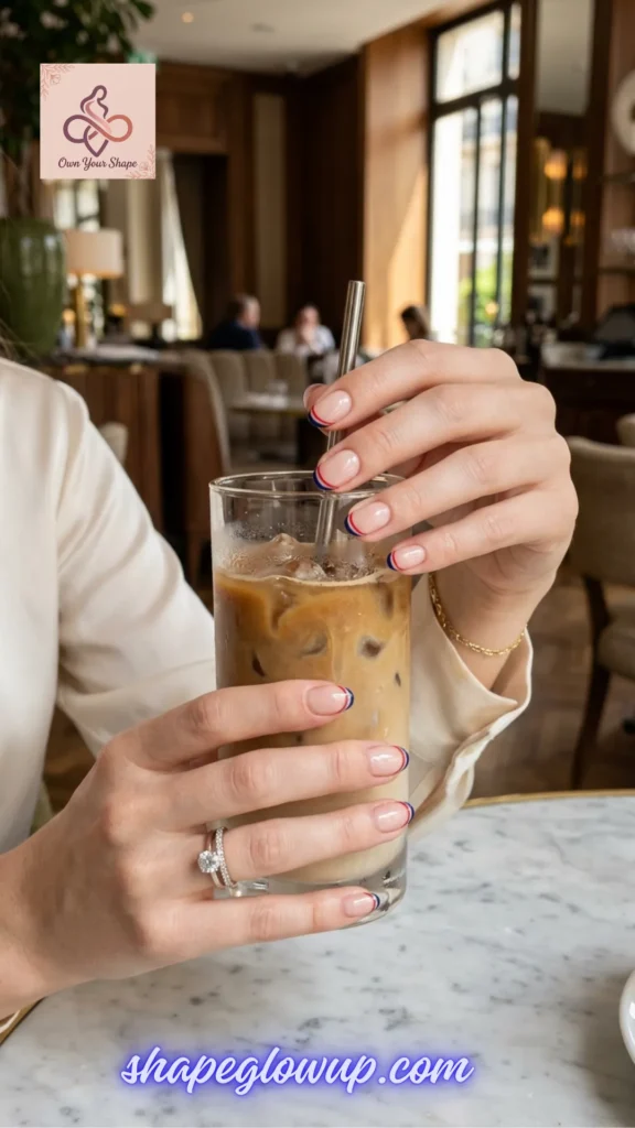 Delicate red and blue double French outline manicure holding an iced coffee glass, inspired by 10 Stunning 4th of July Nail Arts to Try This Year!