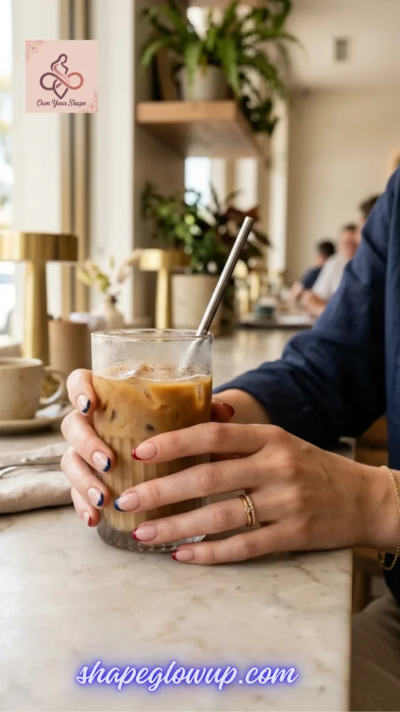 Alternating asymmetric red and navy blue French tip manicure on almond nails holding an iced coffee, featured in 10 Stunning 4th of July Nail Arts to Try This Year!