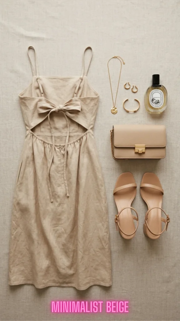 Earthy neutral casual dress outfit lay from 10 Open-Back Dresses That Are Turning Heads in 2026: Elegant Styles You'll Want to Wear Everywhere.