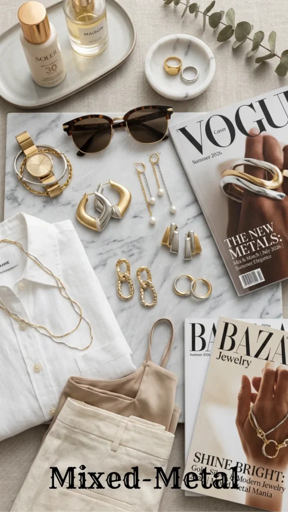 A contemporary fashion flat lay showcasing versatile silver and gold jewelry styled for 7 Summer Earrings 2026 That Will Instantly Upgrade Your Look.