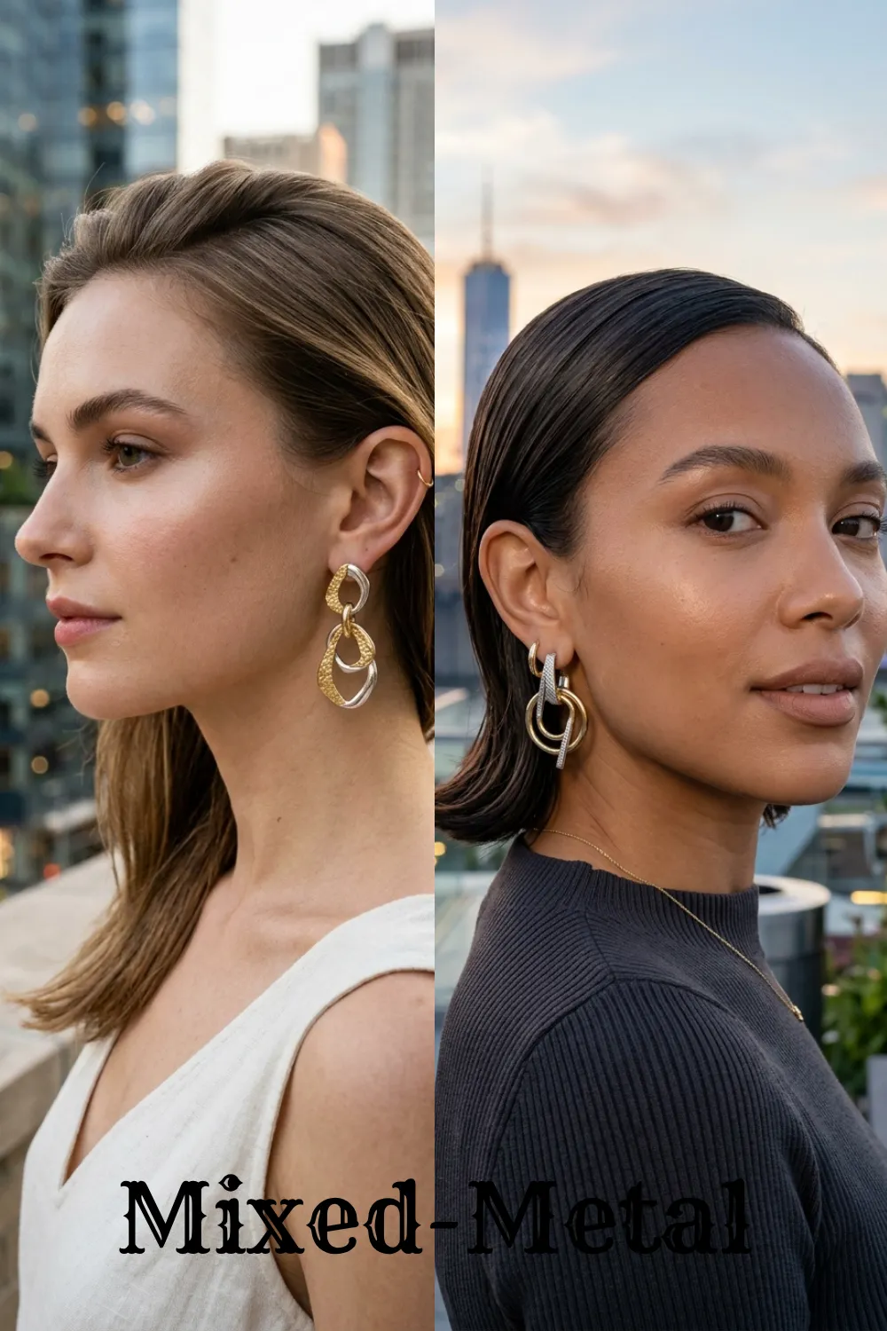 Contemporary interlocking gold and silver jewelry styled for 7 Summer Earrings 2026 That Will Instantly Upgrade Your Look.