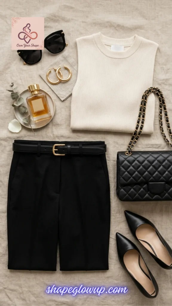 A flat lay presentation of a modern black and cream wardrobe capsules showcasing 7 Trending Expensive Outfit USA 2026 Looks (That Actually Look High-End!).