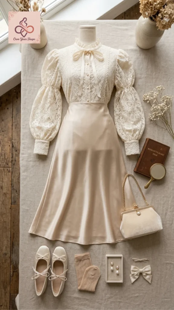 A vintage-inspired flat lay outfit with a lace blouse and satin skirt highlighting 2026 Korean Fashion is HERE: 5 Must-Wear Trends You Need to Try.
