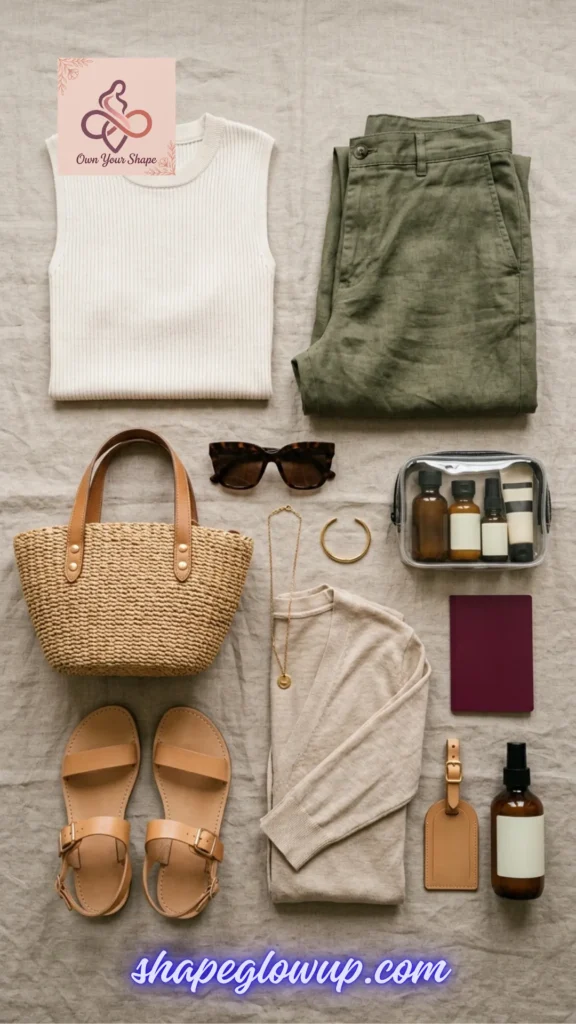 A travel capsule wardrobe flatlay representing 5 Summer Vacation Outfit Ideas That Will Break the Internet.
