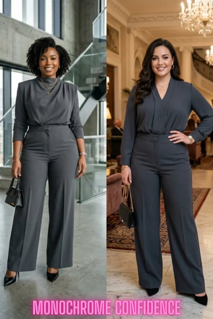 Sleek monochromatic gray outfits worn by confident women as seen in You Don't Have to Hide Your Tummy: 10 Ways to Dress It Beautifully.