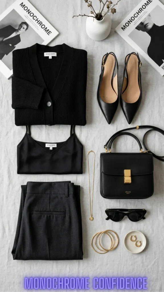 A chic, all-black monochromatic capsule wardrobe layout featured in You Don't Have to Hide Your Tummy: 10 Ways to Dress It Beautifully.
