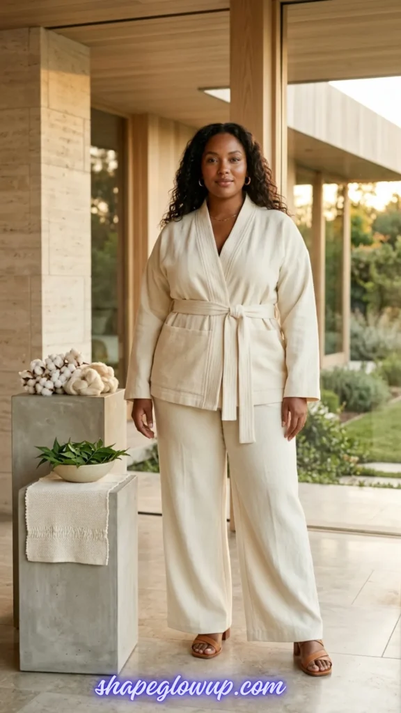 A woman with long curly hair standing on a modern outdoor patio, wearing a relaxed, cream-colored cotton loungewear set featuring a belted robe-style jacket and wide-leg trousers. Next to her, concrete display pillars hold a bowl of fresh green neem leaves and a bundle of raw white cotton bolls. The website "shapeglowup.com" is visible at the bottom.