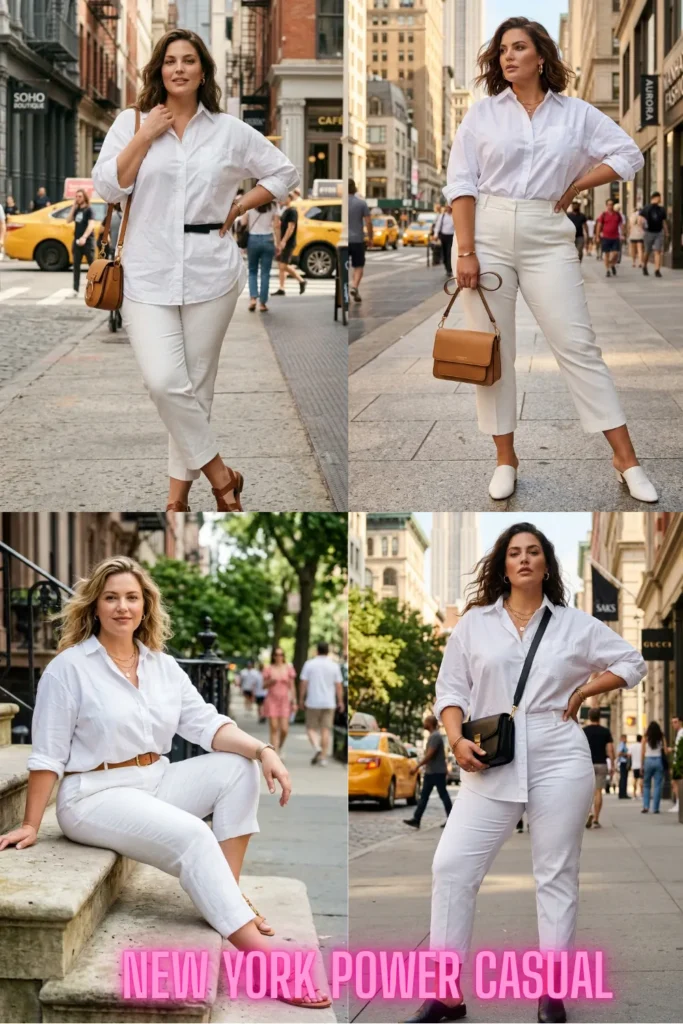 A four-photo collage of a woman modeling a New York summer outfit with a white oversized button-up shirt and white cropped trousers, accessorized with tan and black crossbody bags, belts, and sandals on the streets of NYC.