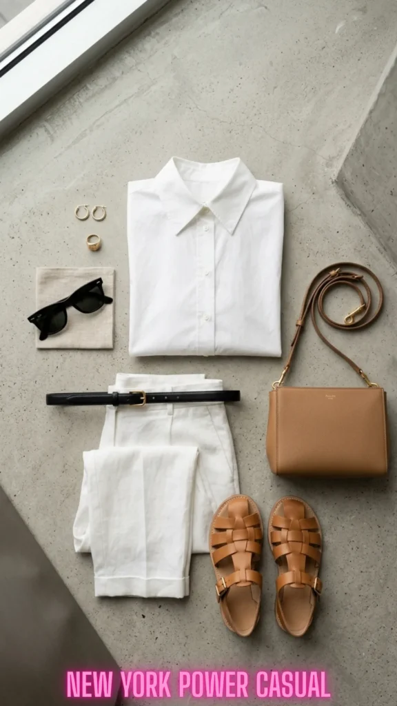 A flat lay of a New York summer outfit featuring a crisp white button-up shirt, white cropped trousers with a thin black leather belt, tan leather fisherman sandals, a structured tan crossbody bag, black sunglasses, a gold signet ring, and gold hoop earrings.