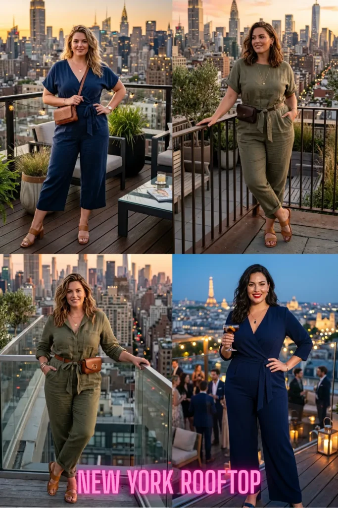 A four-photo collage of a woman wearing navy blue and olive green linen jumpsuits paired with leather belt bags and sandals on various city rooftops with skyline views.