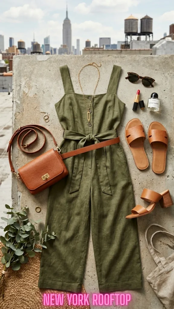 Flat lay of a New York summer outfit featuring an olive green linen jumpsuit with a tie waist, a brown leather crossbody belt bag, tan flat slide sandals, a brown block-heel sandal, and a long gold pendant necklace.