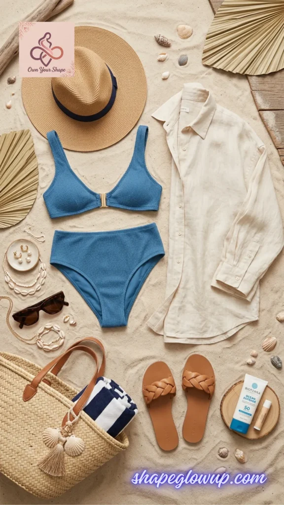 A sand flat lay featuring the Ocean Blue Textured Bikini - flat lay, curated for Viral Beach Looks ☀️ 7 Trending Beach Outfits 2026 You Need to Buy.