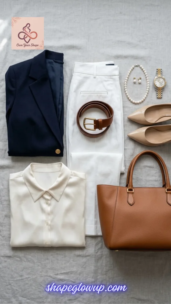 A preppy aesthetic navy blazer and white trousers flat lay from the 7 Trending Expensive Outfit USA 2026 Looks (That Actually Look High-End!).