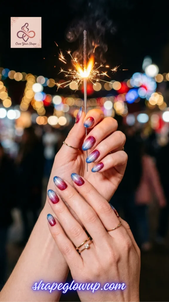 Red and blue glitter ombre manicure on oval nails holding a sparkling Fourth of July sparkler, an idea from 10 Stunning 4th of July Nail Arts to Try This Year!