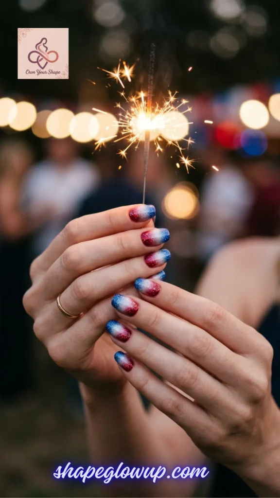 Square nails with a patriotic red, white, and blue glitter ombre finish holding a festival sparkler, featured in 10 Stunning 4th of July Nail Arts to Try This Year!