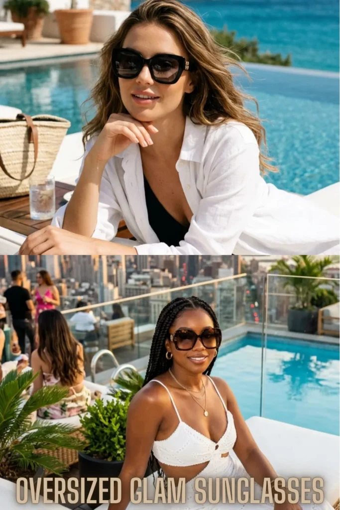 Upgrade Your Summer Style – 10 Best Summer Sunglasses 2026 featuring oversized glam sunglasses poolside and at a rooftop party.