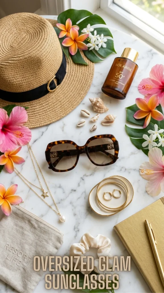 Upgrade Your Summer Style – 10 Best Summer Sunglasses 2026 featuring a luxury resort-themed flat-lay with oversized glam tortoiseshell sunglasses.