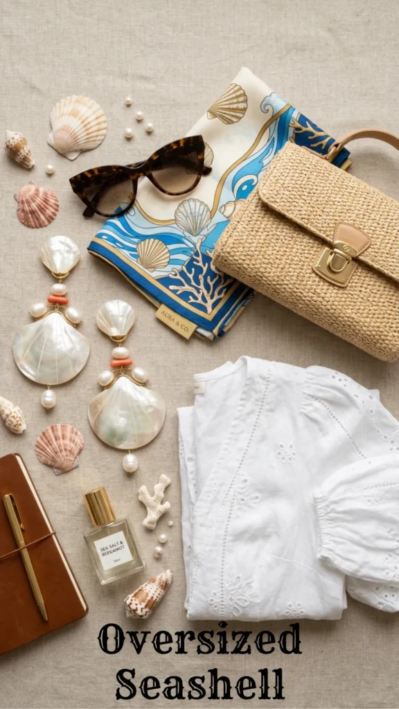A chic beach flat lay featuring large mother-of-pearl jewelry, perfect as one of the 7 Summer Earrings 2026 That Will Instantly Upgrade Your Look.