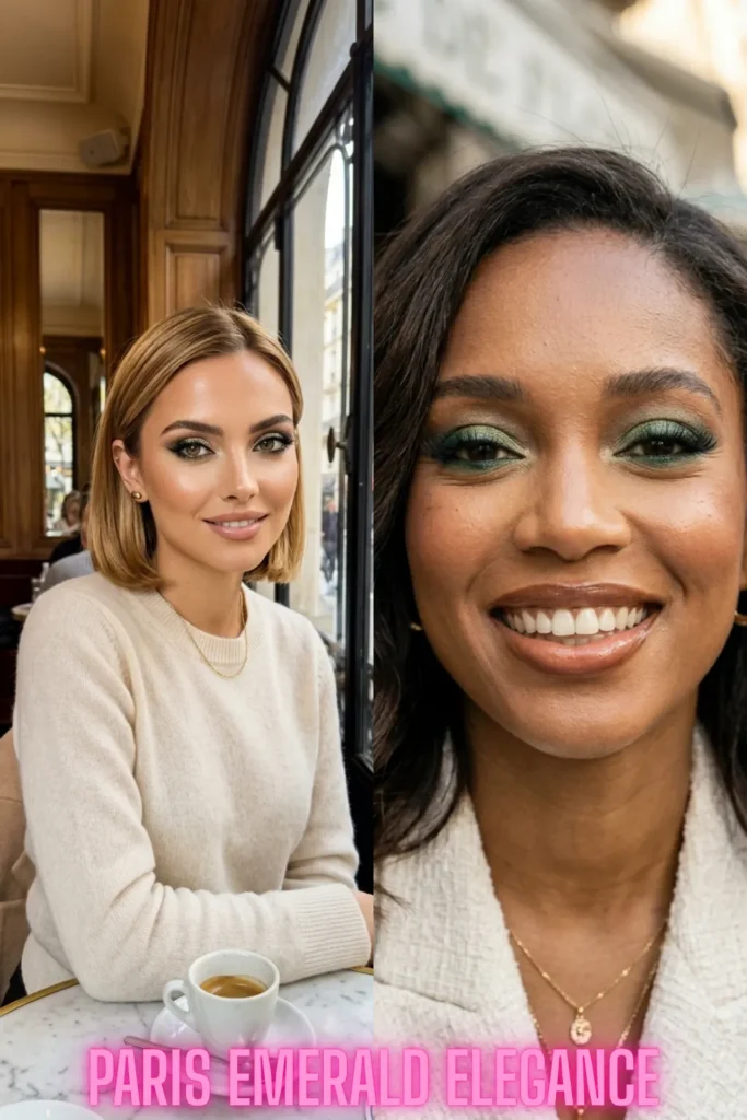 Shimmering emerald green eyeshadow inspired by Parisian style to brighten your look with 7 colorful eye makeup ideas that pop.